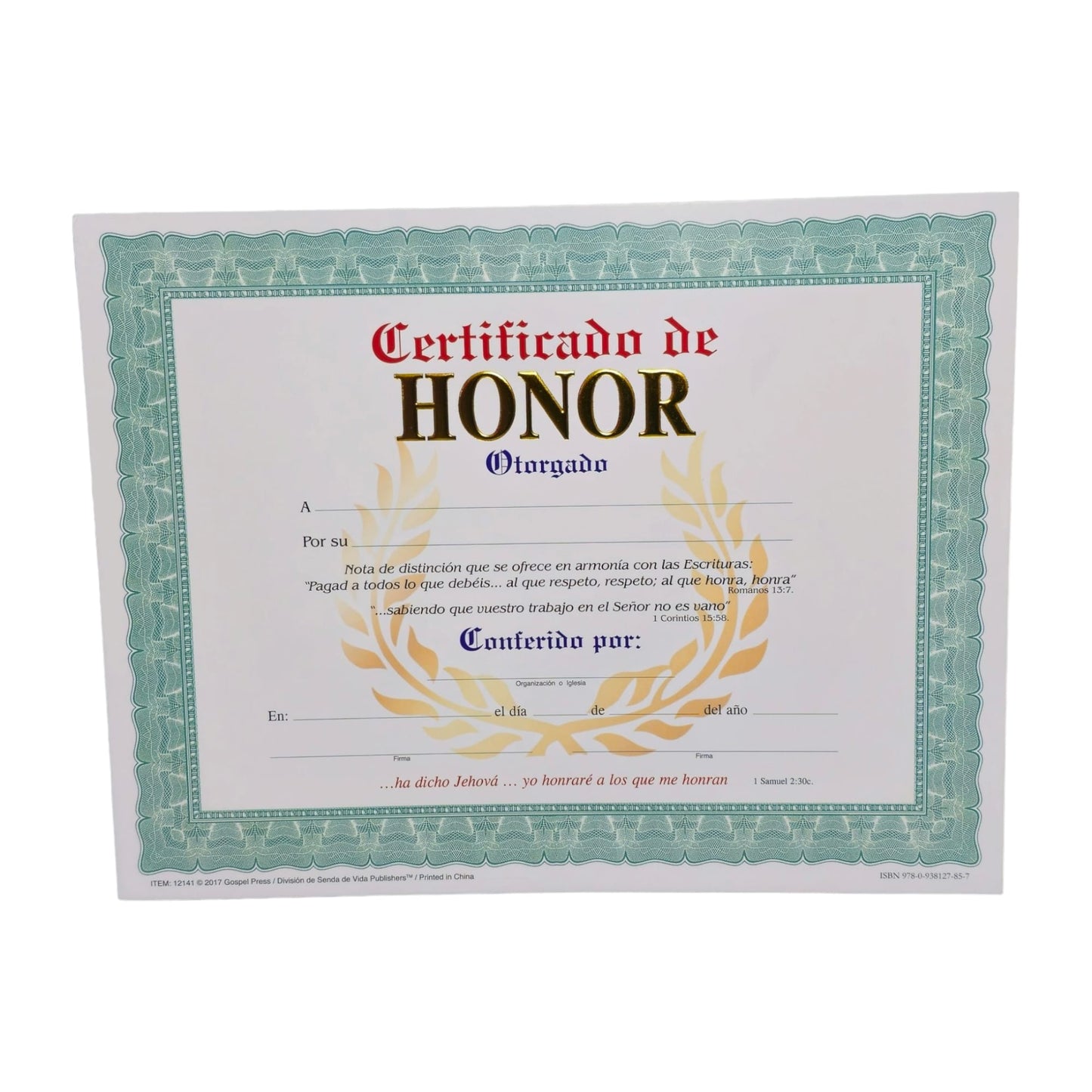 Certificado de Honor paquete de 10 unidad