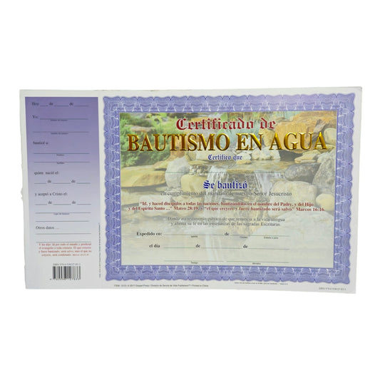 certificado de Bautismo en agua paquete de 10 unidad